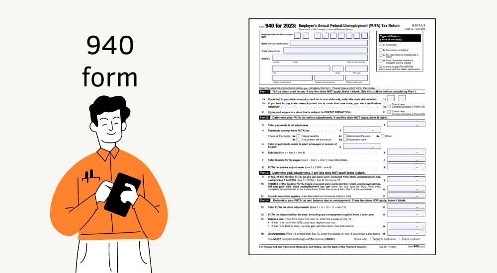 The blank 940 tax form for 2023 and the image of the man